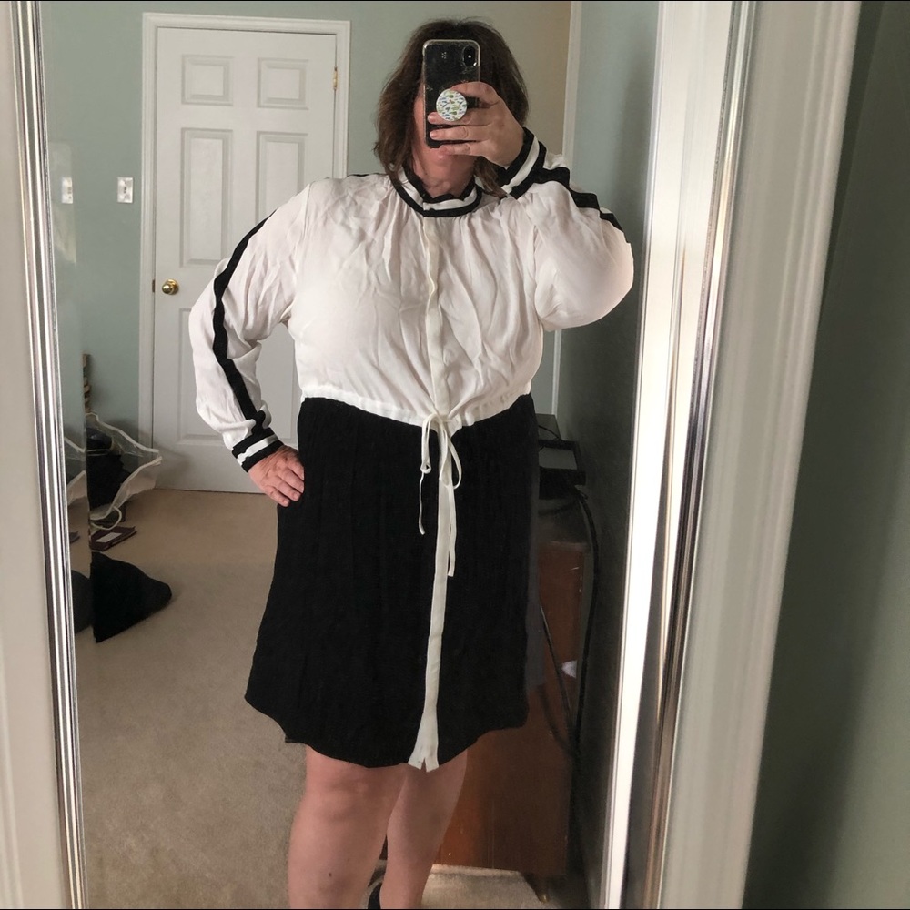 Black and white draw string waist dress.